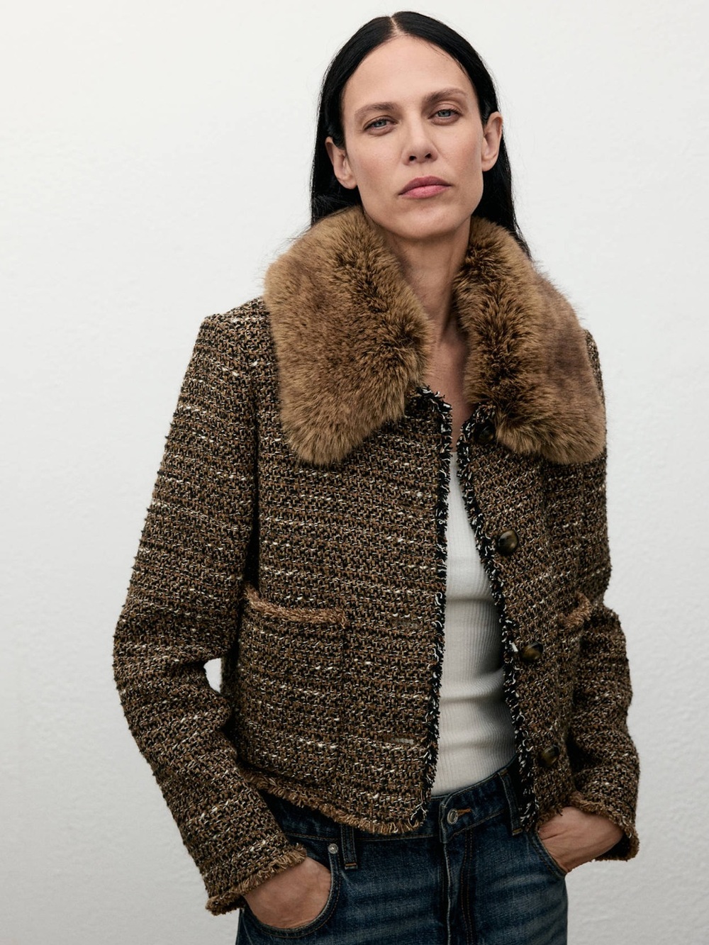 Mango Brown Tweed Jacket with Faux Fur Collar
